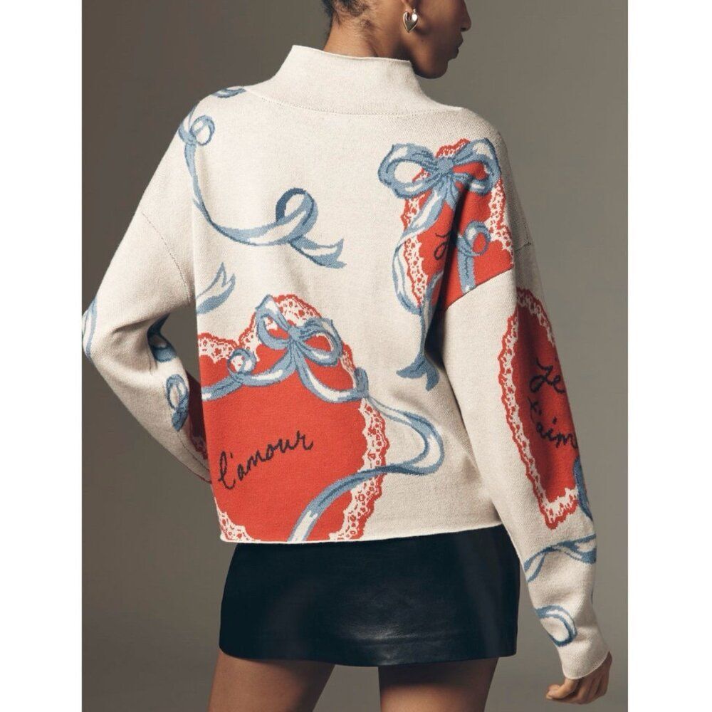 Anthropologie Maeve CARYS Mock Neck Sweater Womens Medium Cabbage White Hearts - Picture 2 of 8
